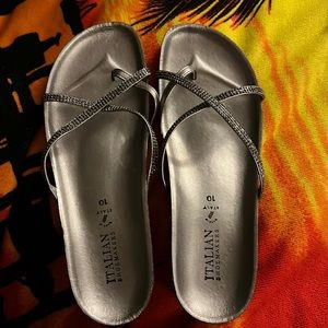 Silver Sandals - fancy simulated silver studs on crisscross straps